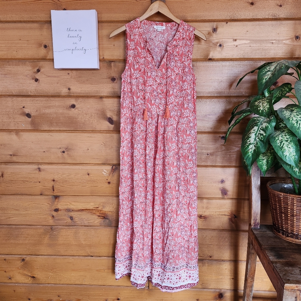 Beach Lunch Lounge Maxi Dress Sleeveless Floral Damask Boho Pleated Tassle Sz XS